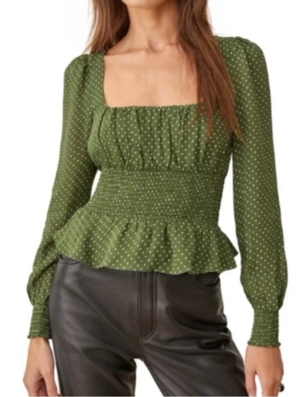 Reformation Hearth Long Sleeve Top Peat Green Polka Dot sz 8